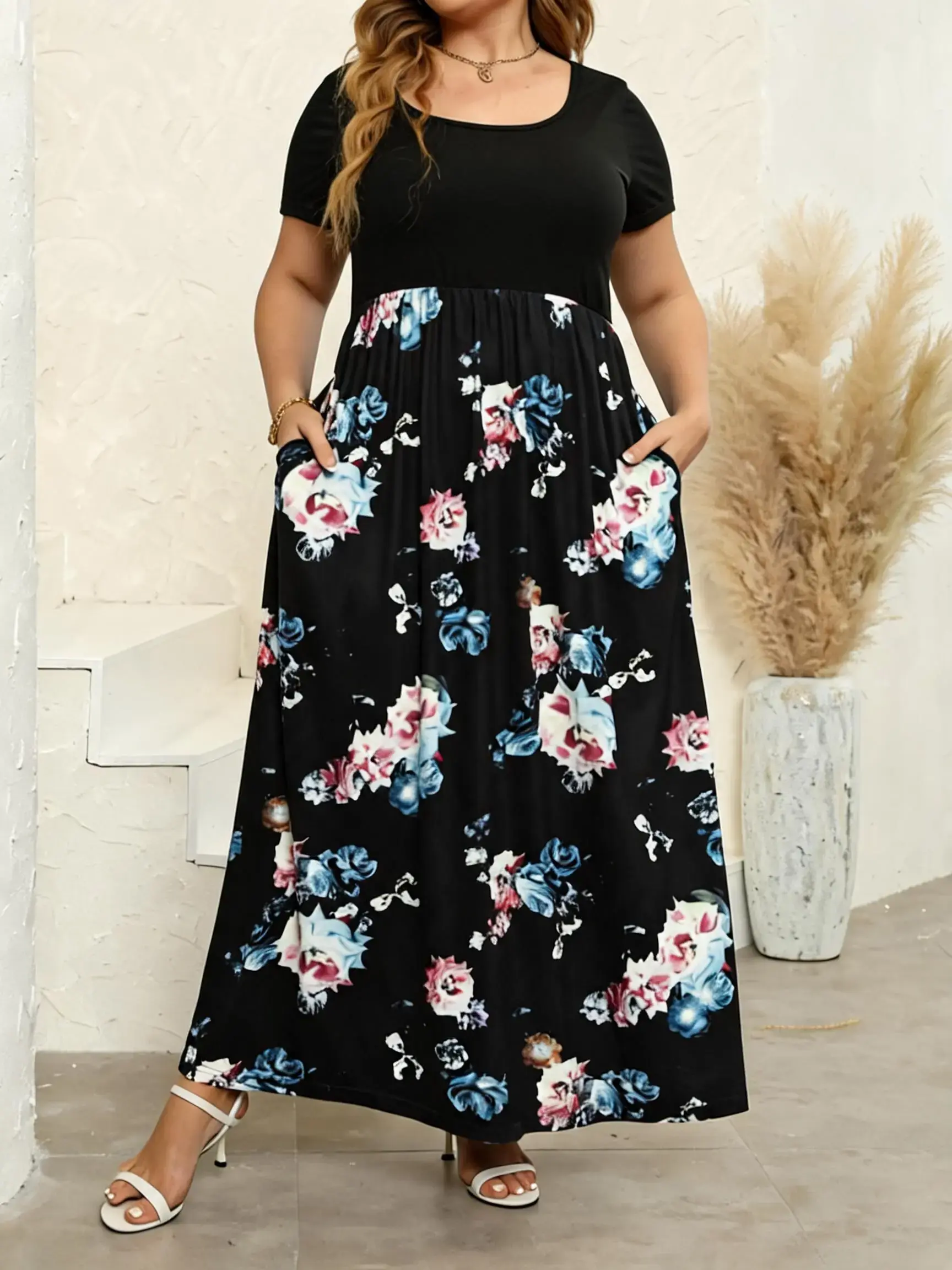 【Plus Size】 Patchwork Boho Floral Printed Pocket Dress, Boho Scoop Neck Short Sleeve Dress, Summer Clothes Women, Casual Boho Style, Casual Wear, Summer Outfits 2024