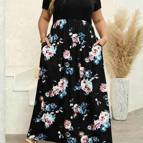 【Plus Size】 Patchwork Boho Floral Printed Pocket Dress, Boho Scoop Neck Short Sleeve Dress, Summer Clothes Women, Casual Boho Style, Casual Wear, Summer Outfits 2024