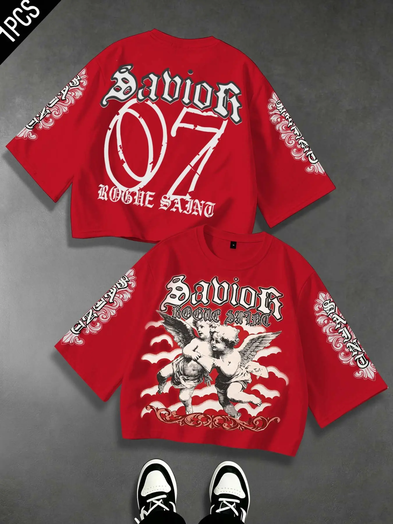 Savior Slogan Double Cupid Angel Men's Three-Quarter Sleeve T-Shirt, Short Style, Unisex, Y2K Gothic Saint Women's T-Shirt, Spring and Autumn Printed Loose Drop Shoulder Short Top, High Street Three-Quarter Sleeve Men's Saint Hip Hop