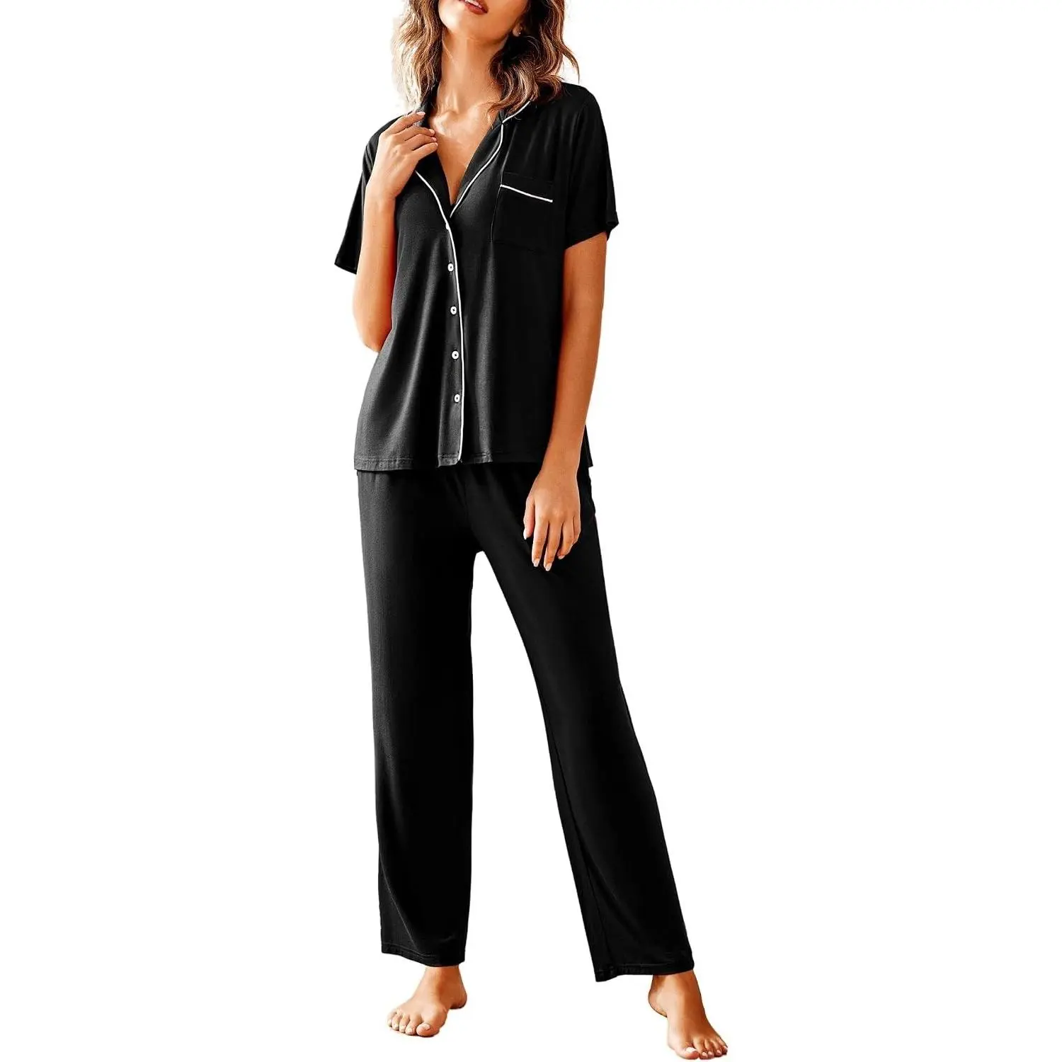 Women's Soft Sleepwear Pajama Set - Notch Collar Short Sleeve Button Down Nightshirt with Long Pants, Comfy Cotton Pjs