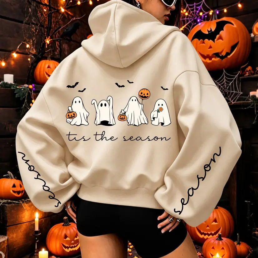 Women’s Halloween Ghost Print Oversized Hoodie Soft Cotton Pullover Sweatshirt Casual Loose Fit Long Sleeve Hoodie Top Fall Winter Fashion