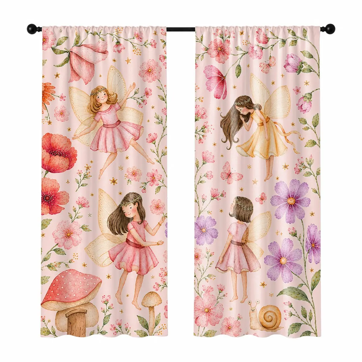 Watercolor Flower Fairy Printed Curtains 2 Panels, Mushroom Snail Pattern Washable Polyester Window Curtains, Room Decor Curtain