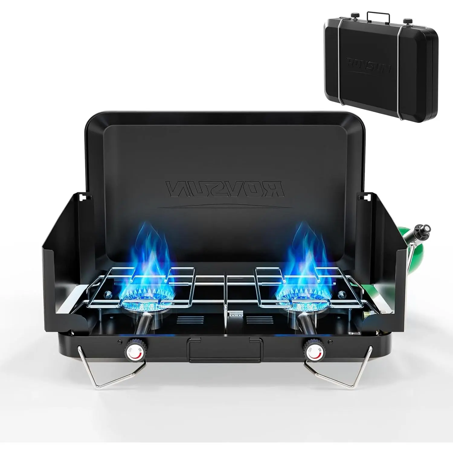 ROVSUN Propane Camping Stove with Adapter, 2/3 Burner Tabletop Portable Propane Camp Stove with Built-in Handle & Foldable Wind Panel for Outdoor Camping, Tailgating, Grilling
