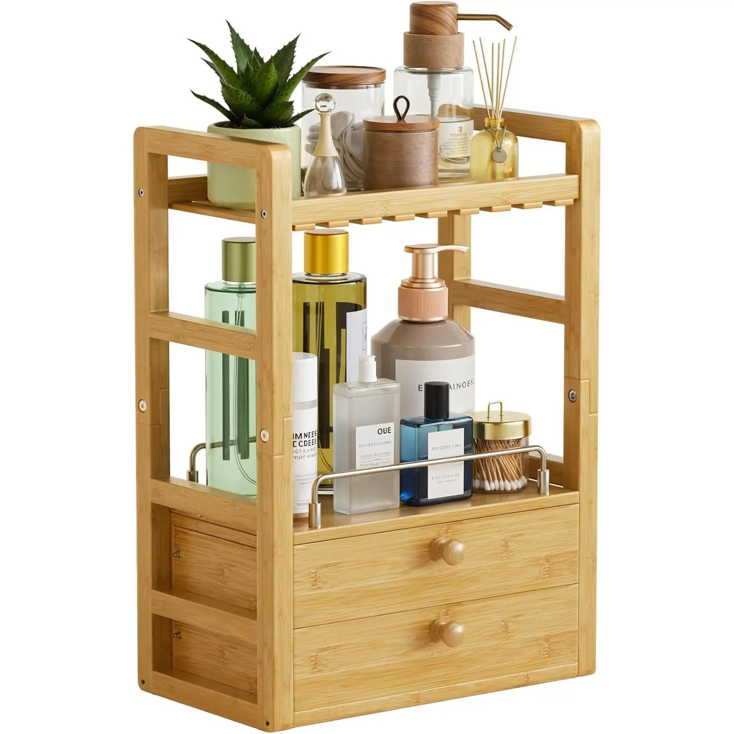 Bamboo Bathroom Countertop Organizer, 2-Tier Makeup Organizer with 2 Drawers, Vanity Organizer Storage Coffee Matcha Station, Compact Shelf for Bathroom Kitchen Office