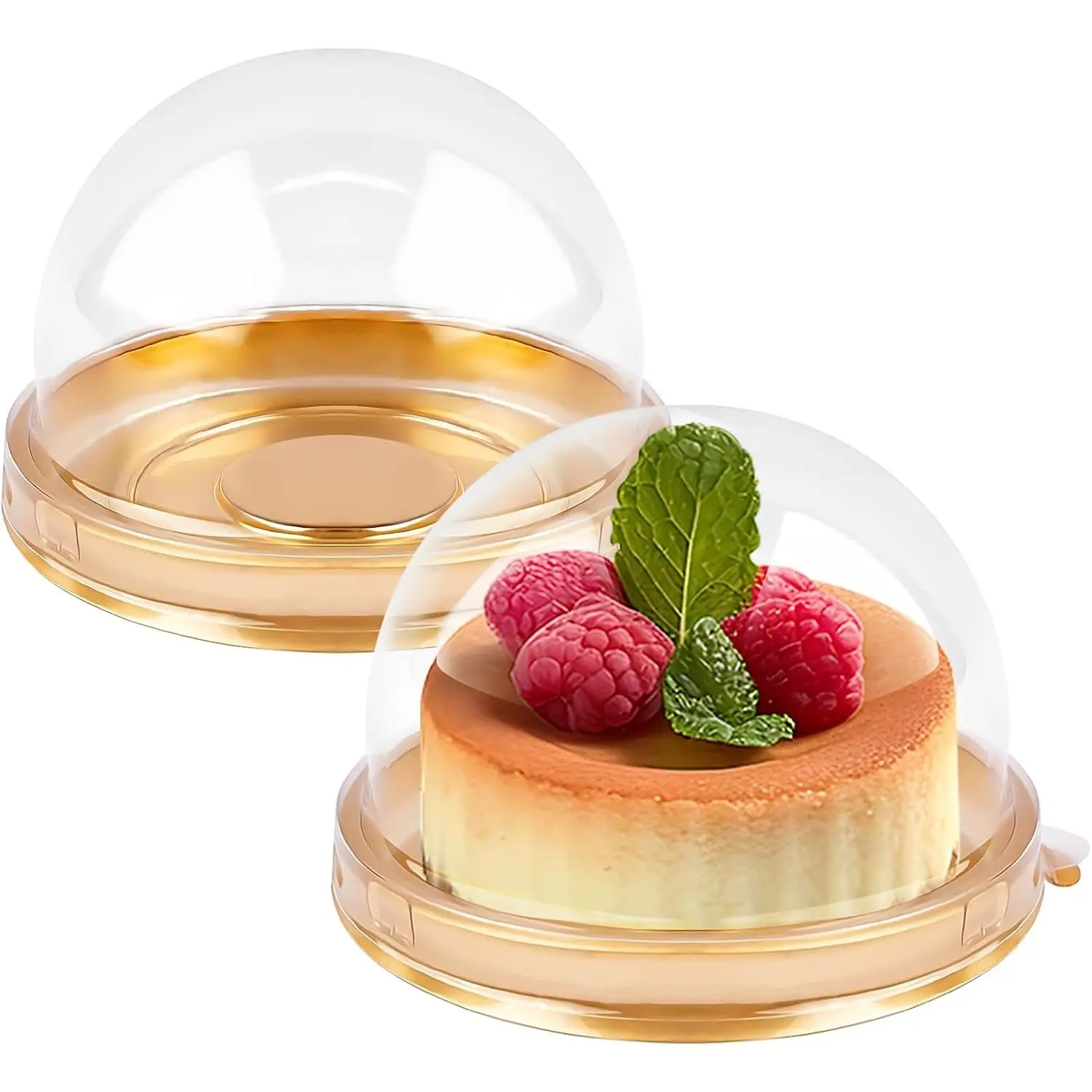 100 Pack Mini Cake Containers, Clear Plastic Small Cupcake Boxes with Dome Lids for Individual Chocolate Covered Cookies, Strawberry, Mooncake (Gold)
