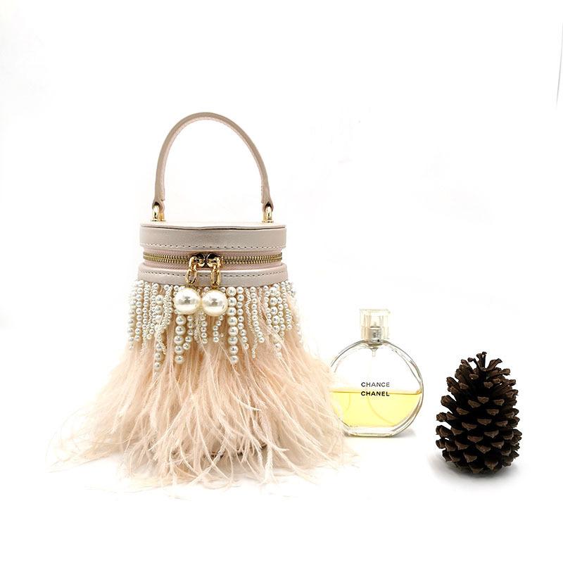 2026 Fashionable Light Luxury Pearl Tassel Feather Bag Round Barrel Single Shoulder Handbag Crossbody Bag