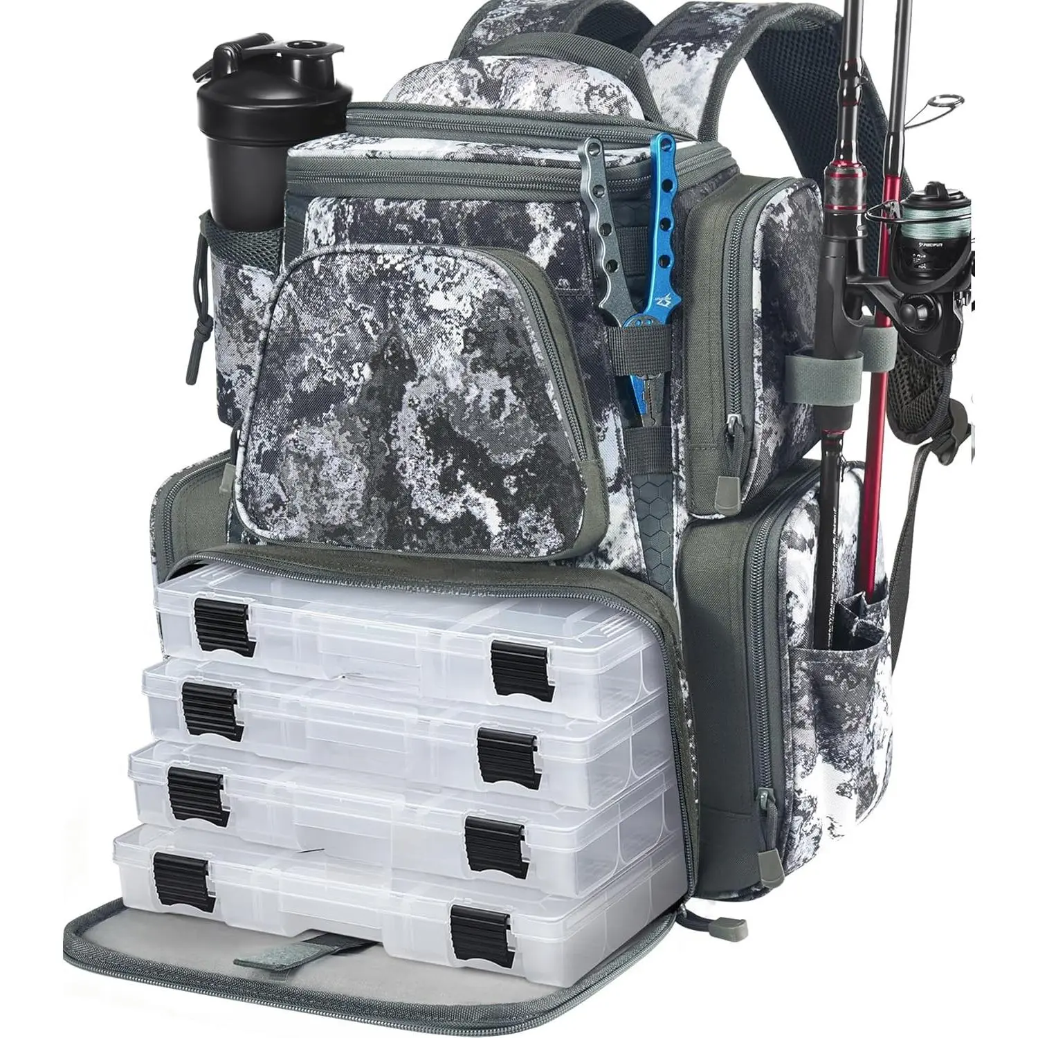 Fishing Backpack with 2 Rod Holders & 4 Tackle Boxes, Large Tackle Storage Bag With Rain Cover for Fishing Gear