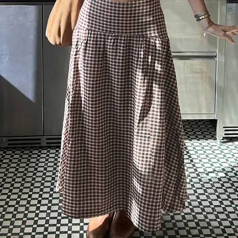 Vintage Two-Tone Gingham Check High-Waisted Gathered Maxi Skirt, Fashionable A-Line Long Skirt for Women, Casual Cottagecore Style for All Seasons