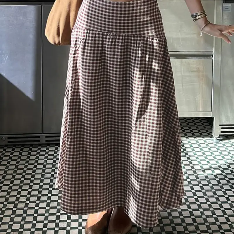 Vintage Two-Tone Gingham Check High-Waisted Gathered Maxi Skirt, Fashionable A-Line Long Skirt for Women, Casual Cottagecore Style for All Seasons