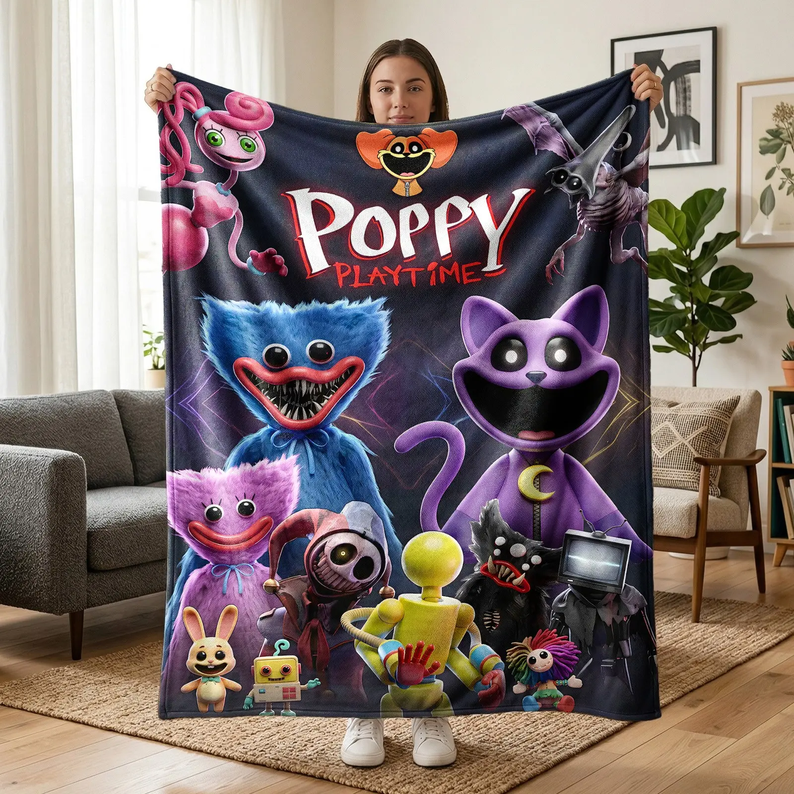 1pc Poppy Playtime Horror Toy Themed Fleece Graphic Throw Blanket, Poppy Playtime Character Group Print, Dark Thrilling Cartoon Style. Soft Multi-use Throw for Sofa, Bed, Office, Camping, Ideal for Christmas Gifts, Cartoon Printed Blanket