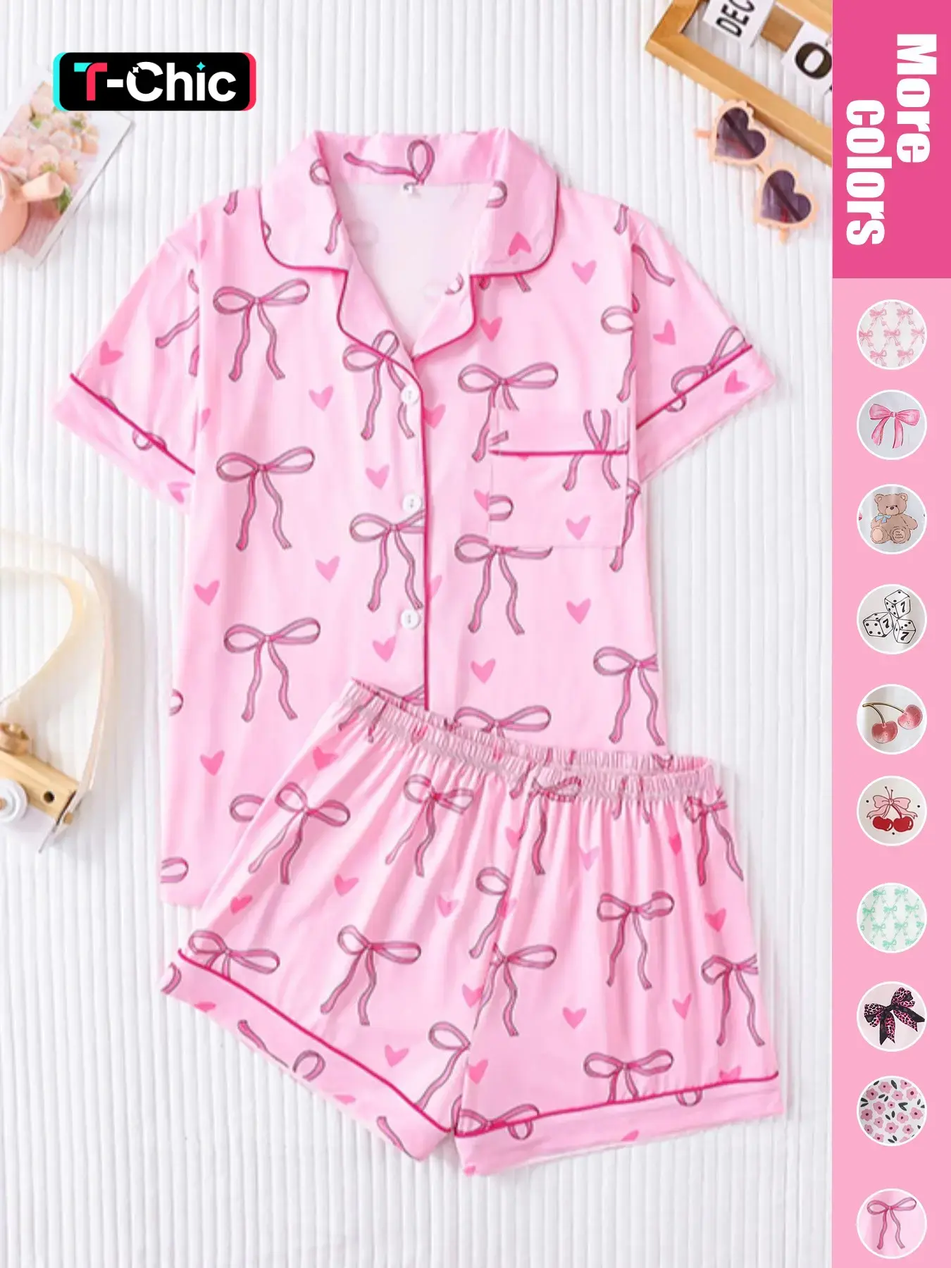 Women's Bow Print Short Sleeve Tee & Shorts Pyjama Set, Elegant Comfy Button Up Top & Elastic Waist Shorts Set, Ladies Sleepwear for All Seasons, Loungewear, Pajamas, Pjs