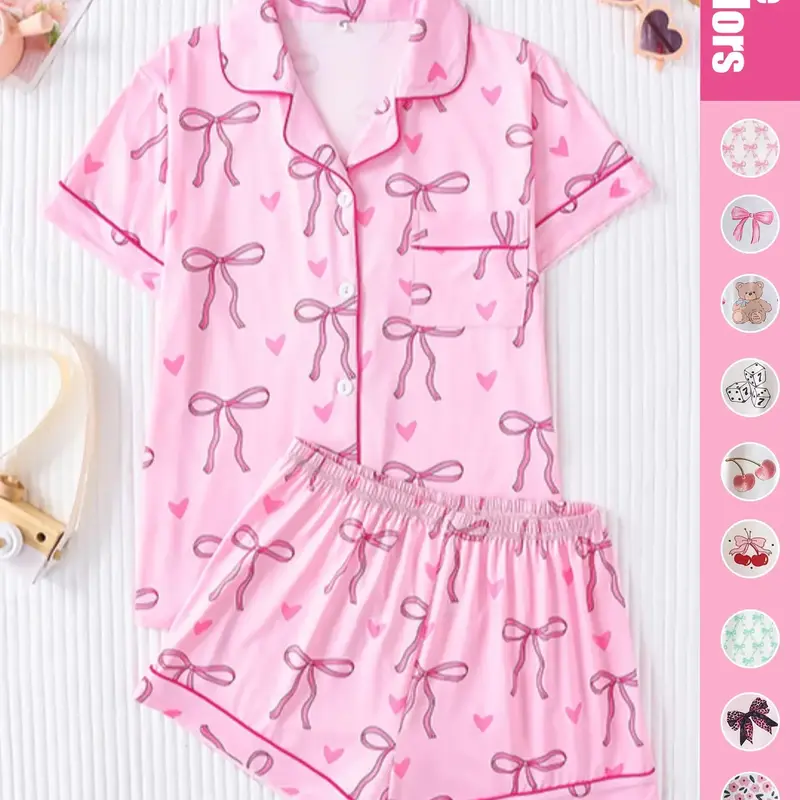 Women's Bow Print Short Sleeve Tee & Shorts Pyjama Set, Fitted Pajama Set, Elegant Comfy Button Up Top & Elastic Waist Shorts Set, Ladies Sleepwear for All Seasons, Loungewear, Pjs