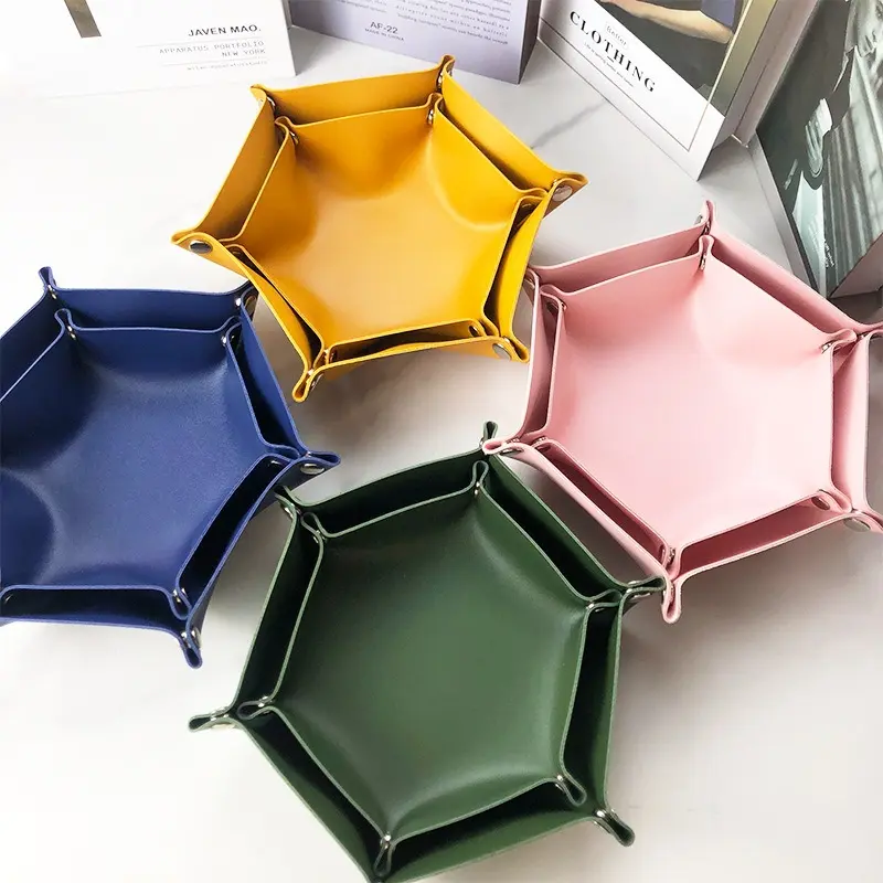 Hexagonal PU Leather Valet Tray, Foldable Snap Dice Tray for DND & RPG, Catchall Organizer for Keys,Watch, Jewelry, Lipstick & Cosmetics, Desk and Nightstand Storage