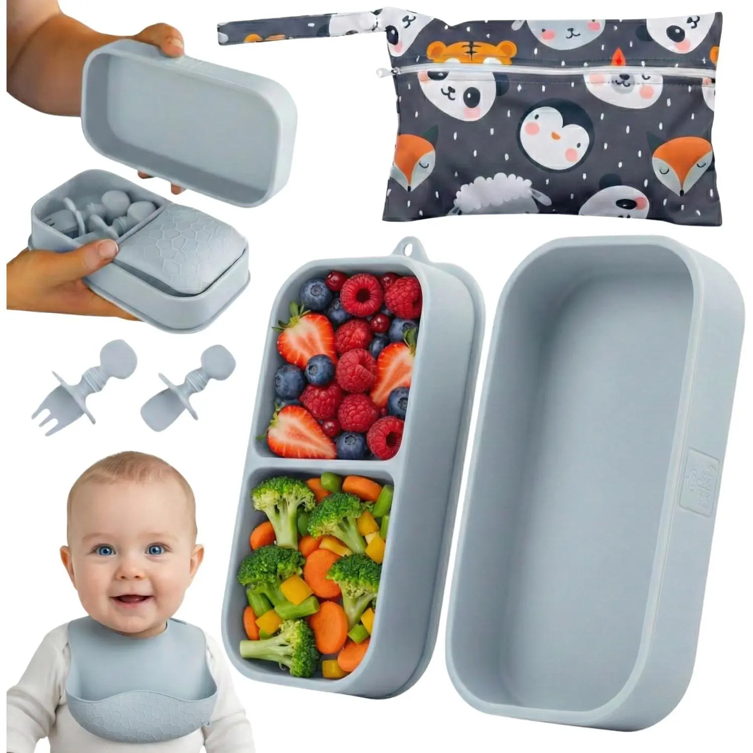 6 Pc Silicone Feeding Set - Portable Toddler Plates with Suction, Baby Spoons & Foldable Bib in Carrying Case - BPA-Free Infant & Toddler Utensils  Airplanes & Eating Out New model dinnerware