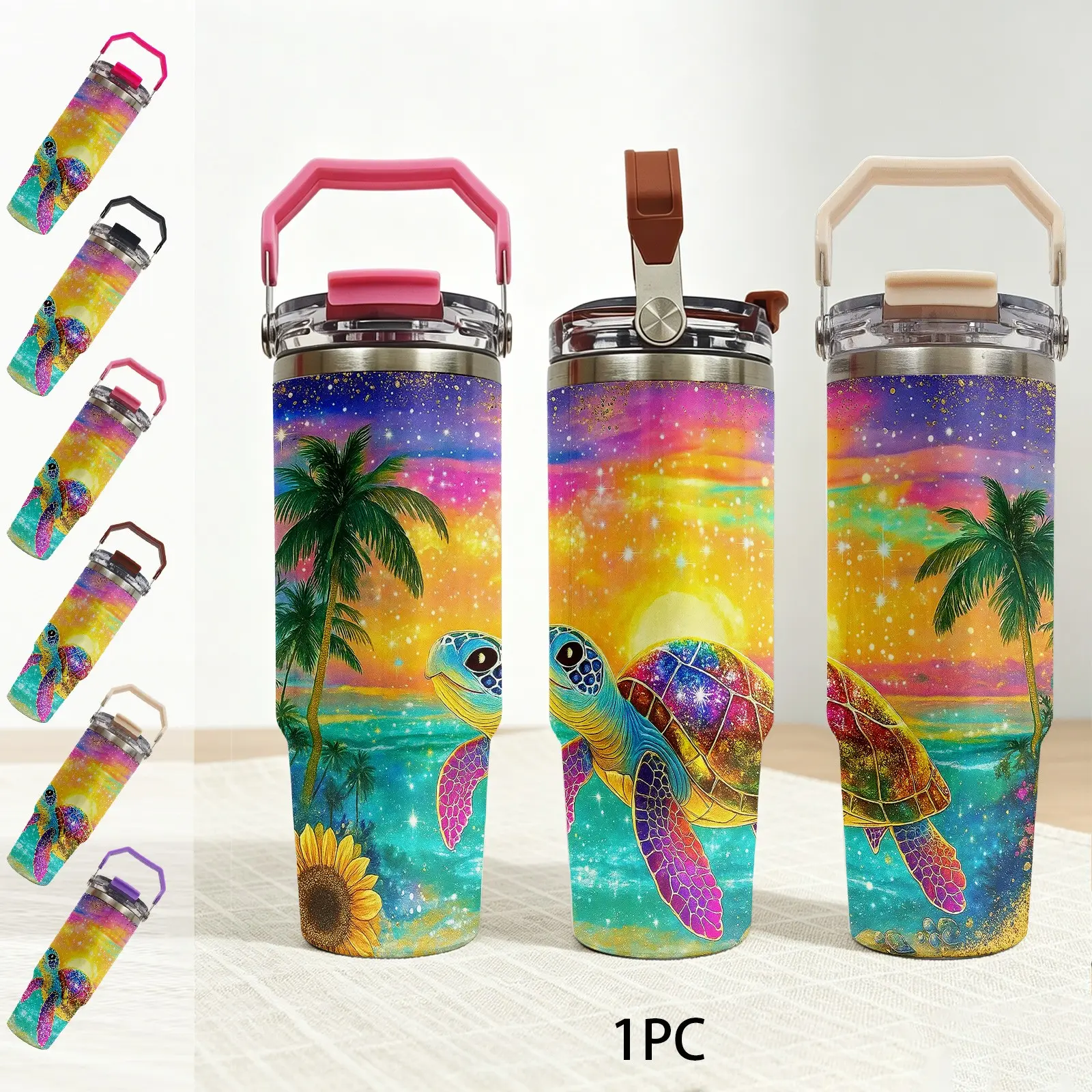 30oz Stainless Steel Insulated Mug Tumbler, Dual Opening, Handle & Straw, Turtle Print, Car Cup Holder Compatible, Ideal for Beach & Picnic, Insulated Travel Tumbler
