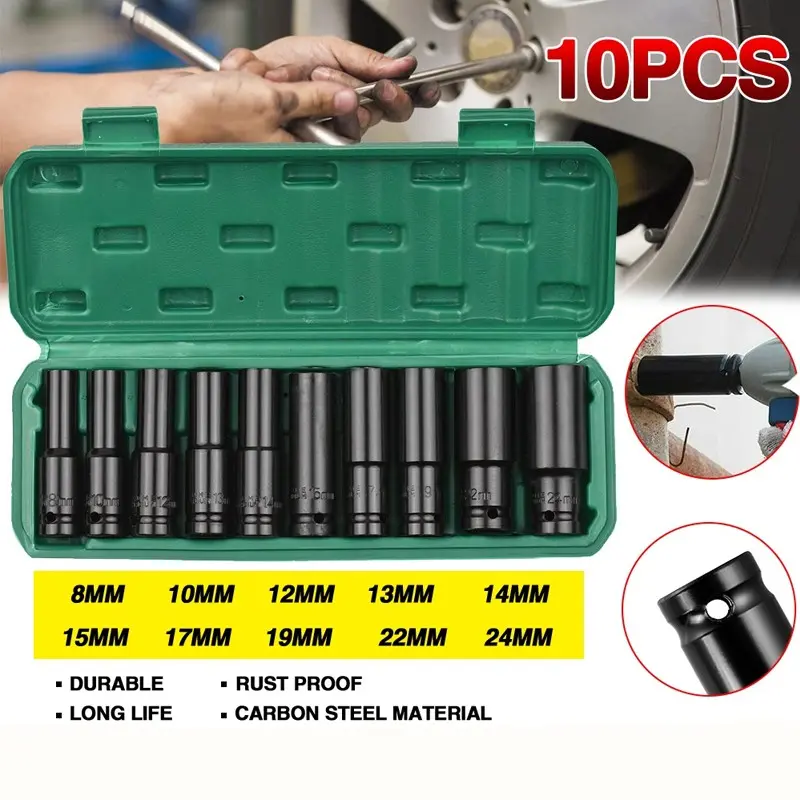 10pcs Deep Impact Socket Set, Steel Material, Long Reach and Thin Wall, Metric Sizes for Automotive, Industrial and DIY Use, Storage Case Included