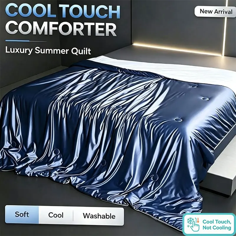 Luxury Silky Satin Cooling Bed Quilt, Machine Washable Quilt, Ultra Soft Lightweight Summer Comforter, Breathable Cold Touch Blanket, Double Sided Washable Duvet