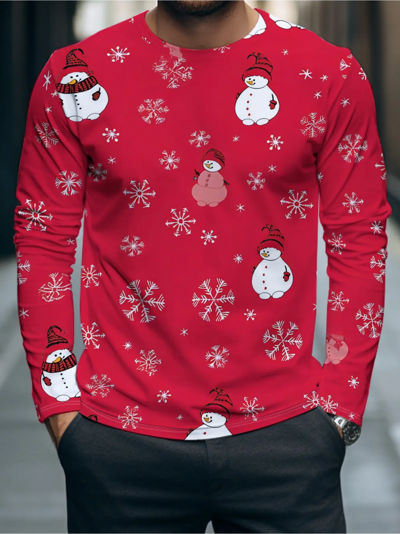 Christmas Snowman Print Long Sleeve T-Shirt Red Crewneck Casual Holiday Top