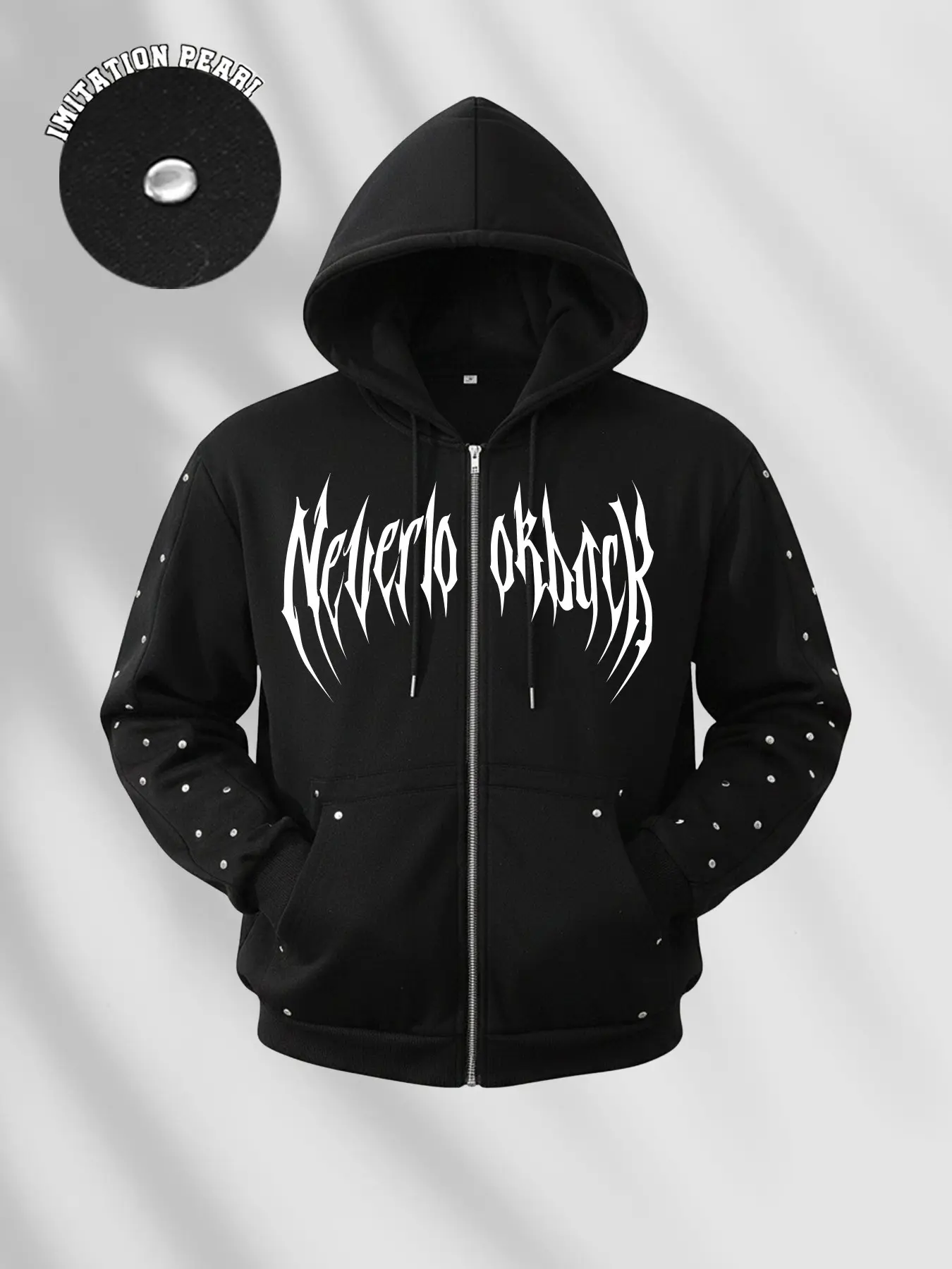 Gothic Rivet Zip-Up Hoodie, Punk Spike Letter Sweatshirt, Y2K Heavy Metal Style, Men's Fitted Casual Outerwear, All Seasons