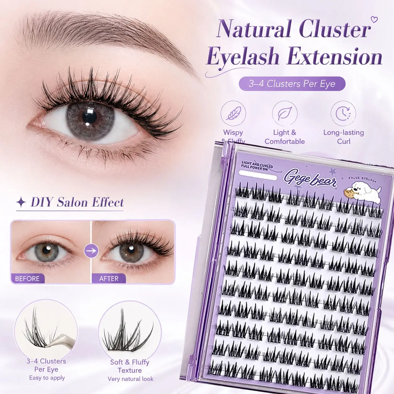 1count Gege Bear False Eyelashes, C Curl Dense Style, No Glue, Lightweight Korean Design, Perfect for Women and Girls, Ideal Gift