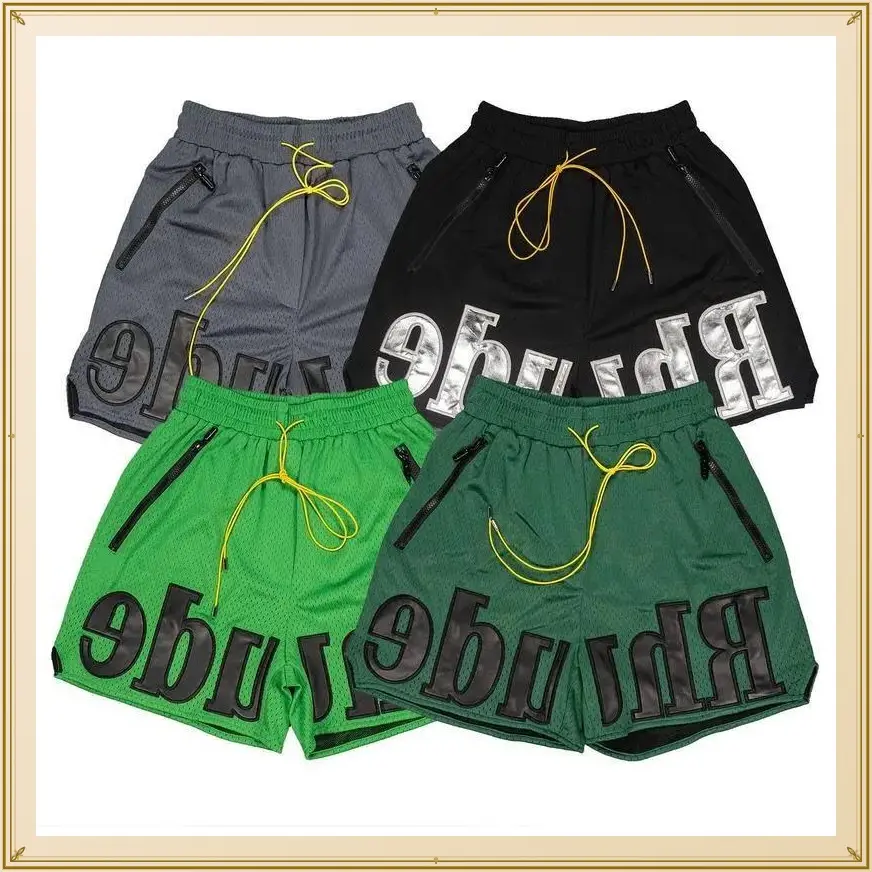 Men's summer drawstring mesh embroidered breathable quick-drying beach shorts, casual sports basketball five-point shorts, with zipper pockets