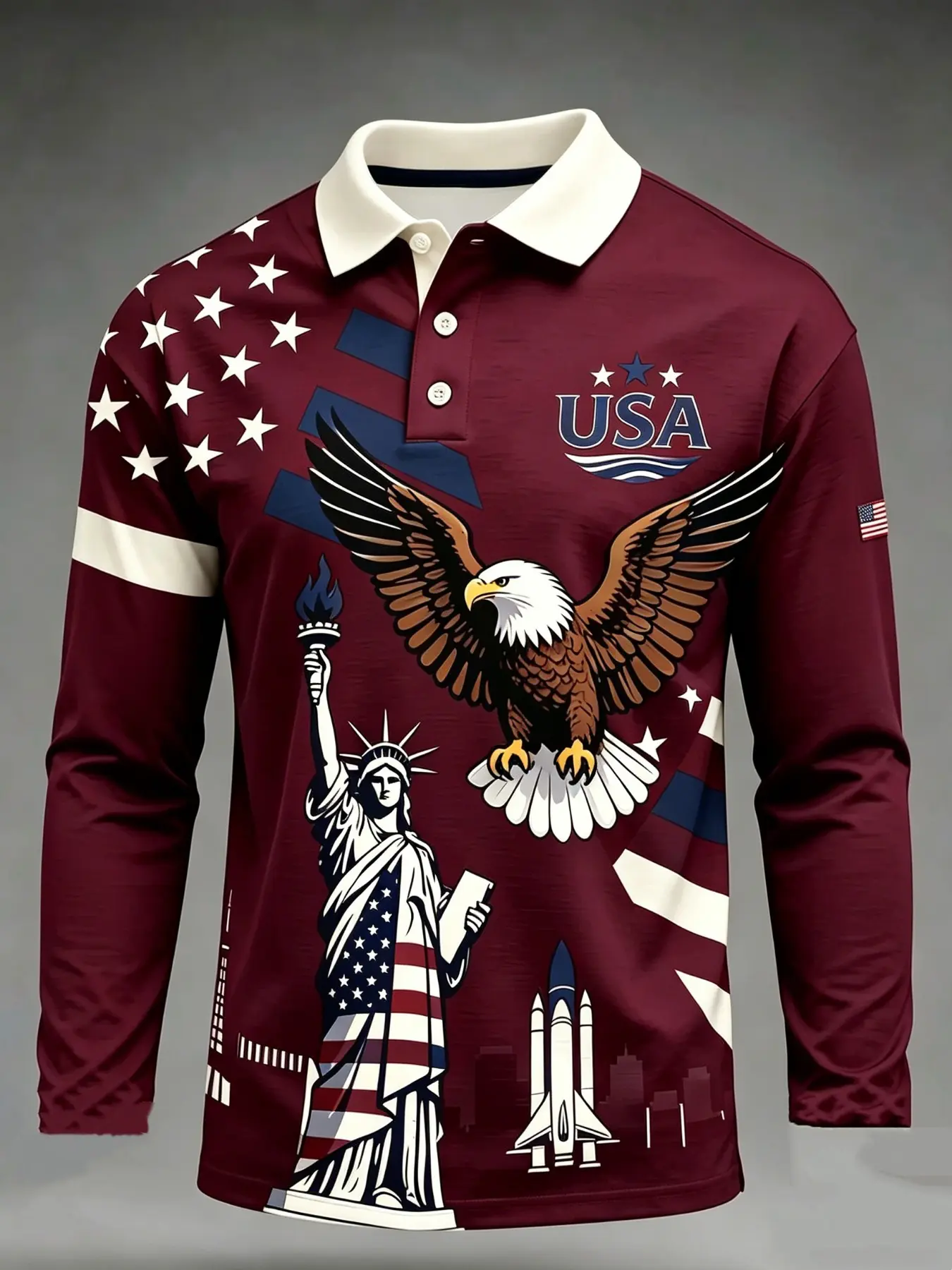 Summer Gift for Men, Usa Flag Eagle Liberty Statue Print, Short Sleeve, Casual Patriotic Shirt, All Seasons, Fitted Style, Printed Polo Shirts