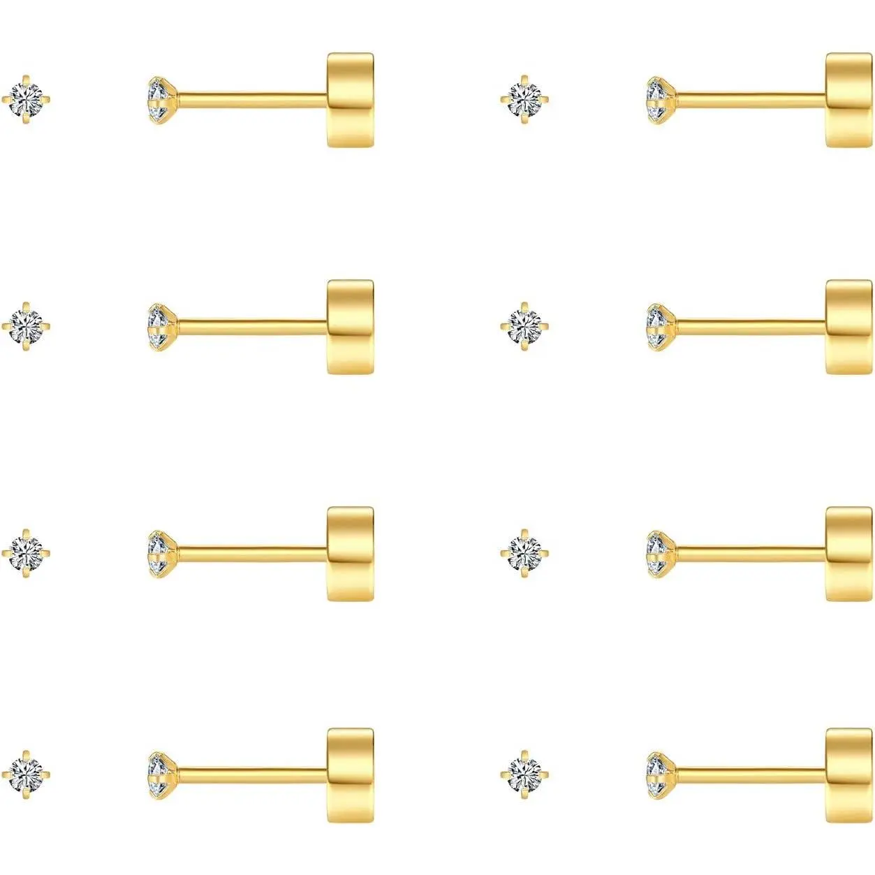 8 Pairs Tiny Flat Back Earrings for Women Men 14K Gold Plated Surgical Stainless Steel Stud Earrings Hypoallergenic Cubic Zirconia Studs Cartilage Earrings 2mm 3mm 4mm