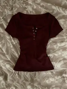 Women's Summer Knitted Simple Y2K Four-Season T-Shirt, Spliced Lace Fake Two-Piece Bustier Ladies' T-Shirt, Women's Casual Commute Buttoned Short-Sleeve Slim-Fit T-Shirt, Summer Style Jujube Red Ribbed Women's Top, Womenswear