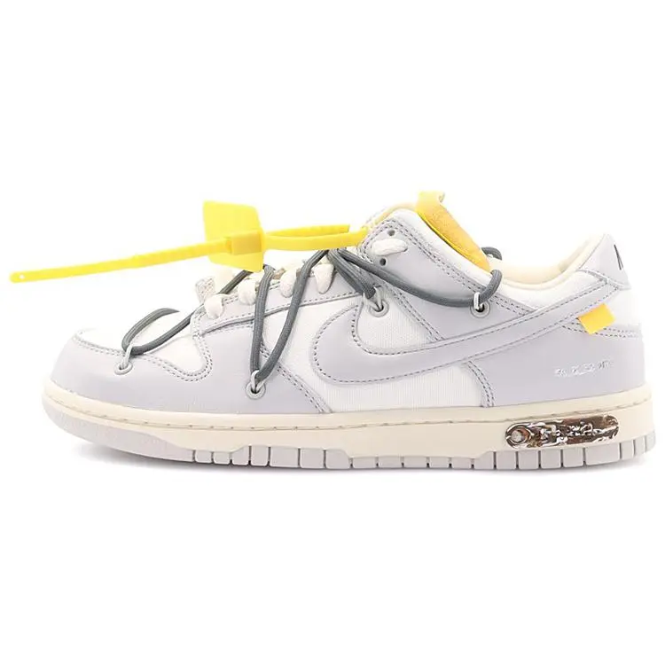 Off-White x Nike Dunk Low The 50 No.41 Unisex Sneakers – Gray Laces, Yellow Accents, Structural Text Verifiable, with credentials and supporting global authentication