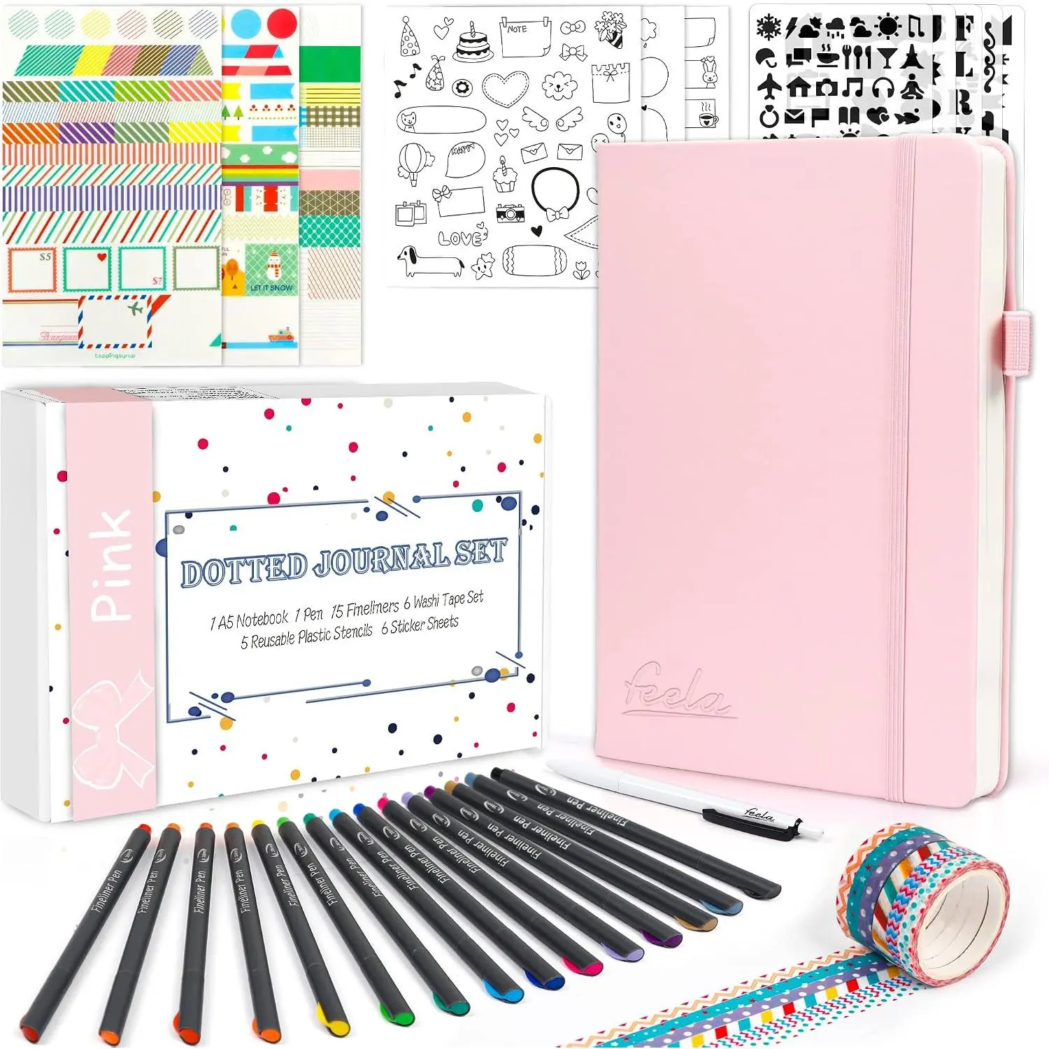A5 Size Dotted Journal Kit - Hardcover Dot Grid Planner Notebook Set for Beginners, with Journaling Supplies, Stencils, Stickers, Pens & Accessories, 224 Pages