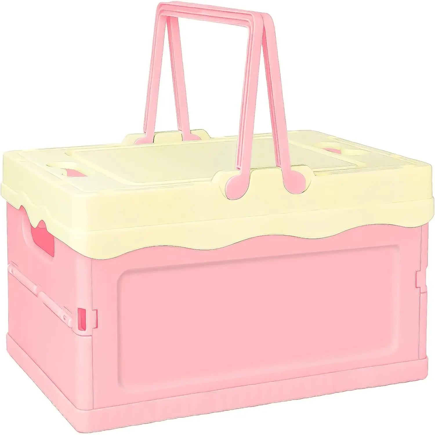 Pastel Plastic Storage Bin with Lid Small Cute Foldable Crates Colorful Storage Containers for Classroom Kitchen Office Bedroom Desktop Home Decor (Pink)