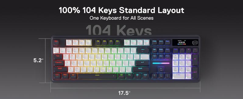 Redragon K762 Wireless Gasket Gaming Keyboard w/Hype Screen & Knob, 104 Keys Mechanical Keyboard, Easy-Control 1.14’’ TFT Info Display, 5-Layer Noise Dampening, Round PBT Keycaps, Mint Mambo Switch, Abyssal Blue