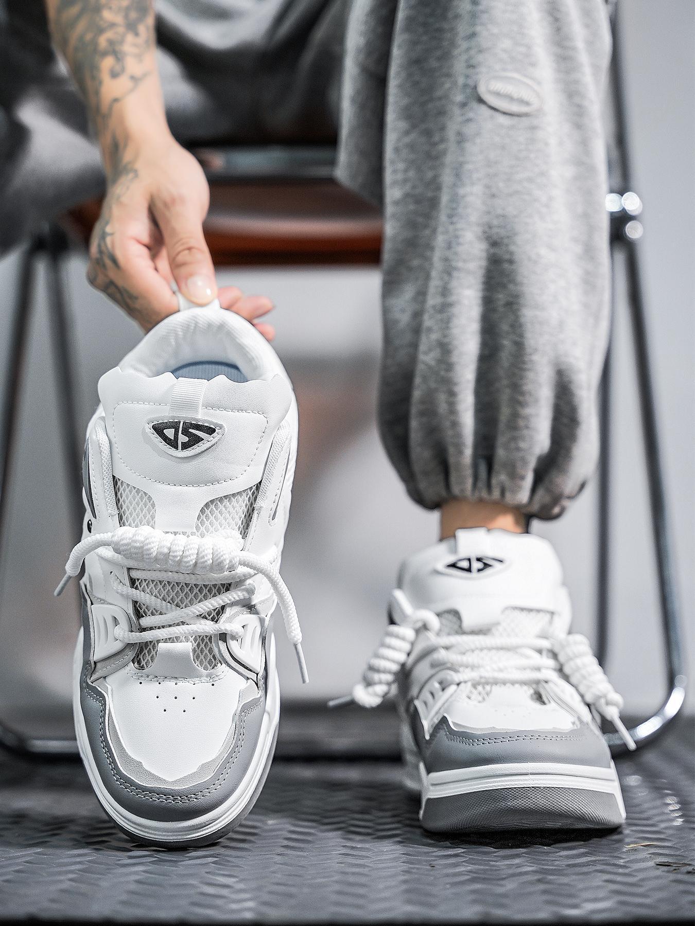 Men's Casual Thick Laces Skate Shoes, Letter Patched Design Low Top Skate Shoes, Contrast Mesh Design Platform Shoes