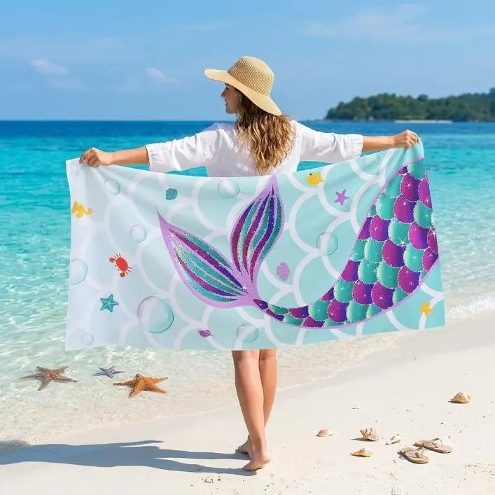 Mermaid Kids Beach Towel for Girls, Quick Dry Swim Towel | 31.5"x 63”Sand Free Microfiber Beach Towel for Kids, Personalized Toddler Pool Towel Bath Camping Travel Towel Beach Essentials