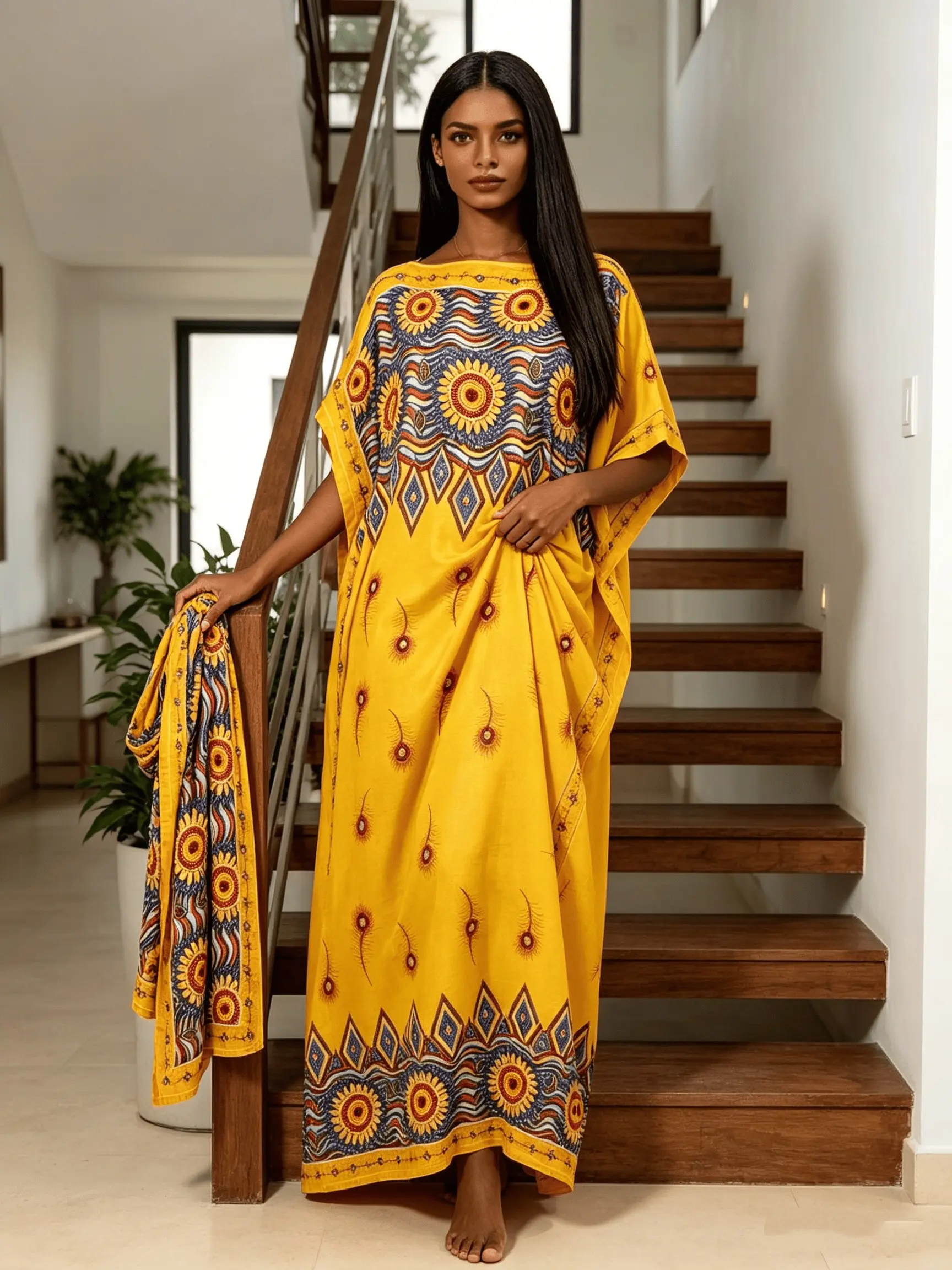 Women Oversized Vibrant Yellow Vintage Tribal Printed Caftan Maxi Dress Two Piece Outfit With Scarf, Loose Flowy Split Side Kaftan Robe, Curvy Friendly Plus Size Beach Cover Up, Soft Casual Resort Wear, Bohemian Lounge Night Gown, Summer Vacation Pool Rob