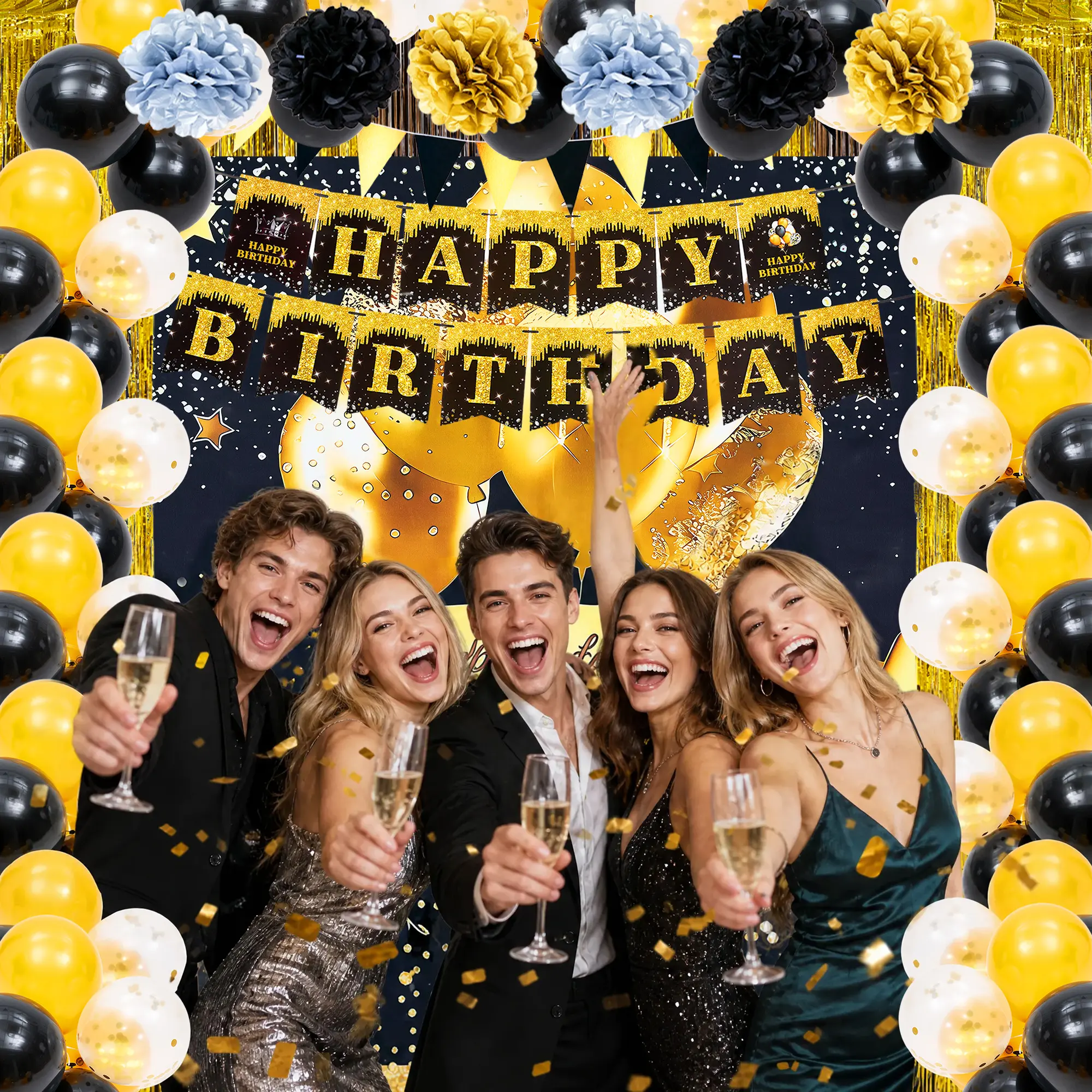 Retirement Decorations Set Black & Gold – Happy Retirement Banner, Backdrop, Balloons, Honeycomb Centerpieces & Swirls – Party Supplies for Men or Women