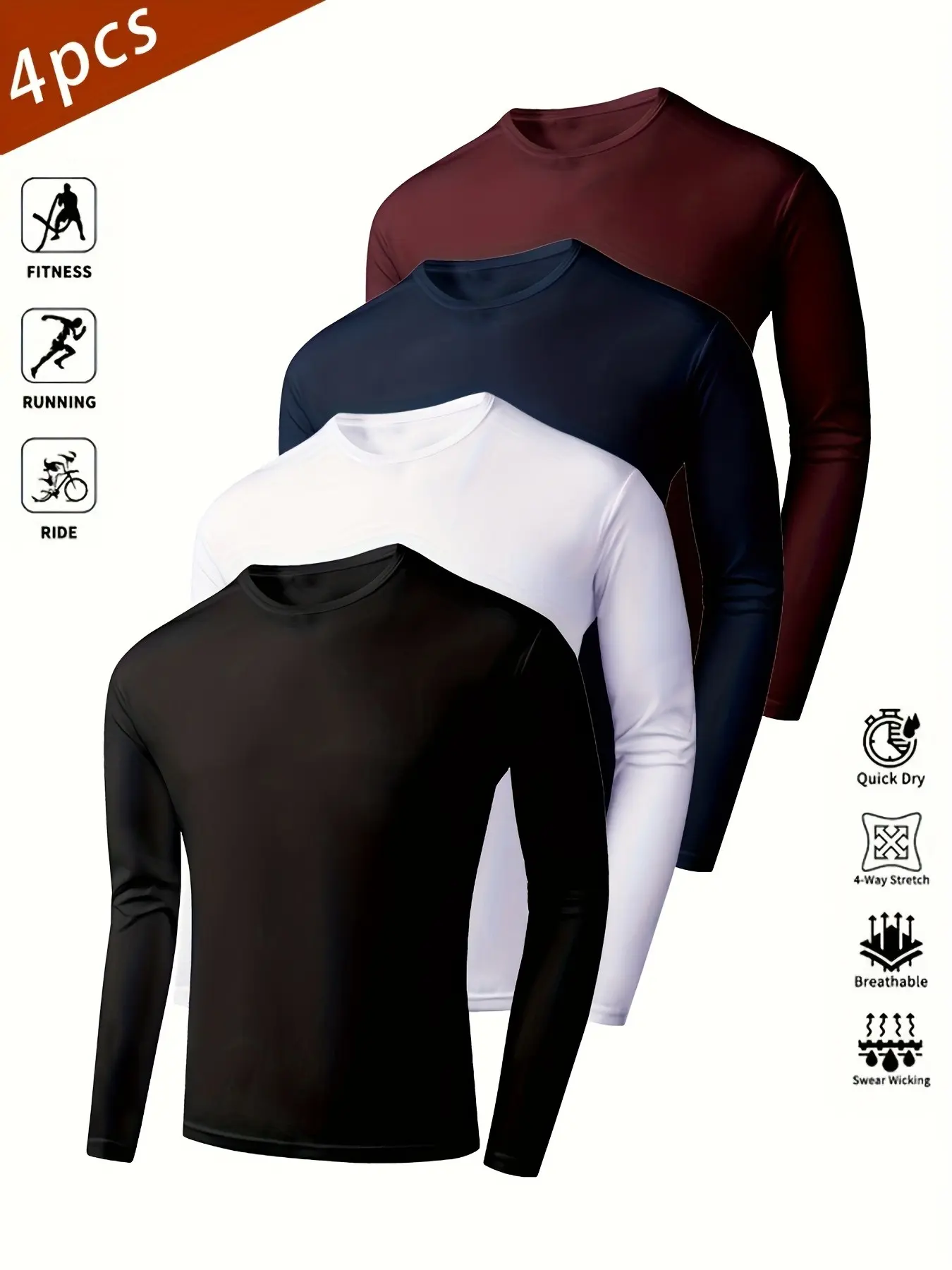 4-Pack Men's Sporty Quick-Dry T-Shirts, Athletic Tops, Plain Long Sleeve, Breathable for Running/gym/training, & Odor-Resistant