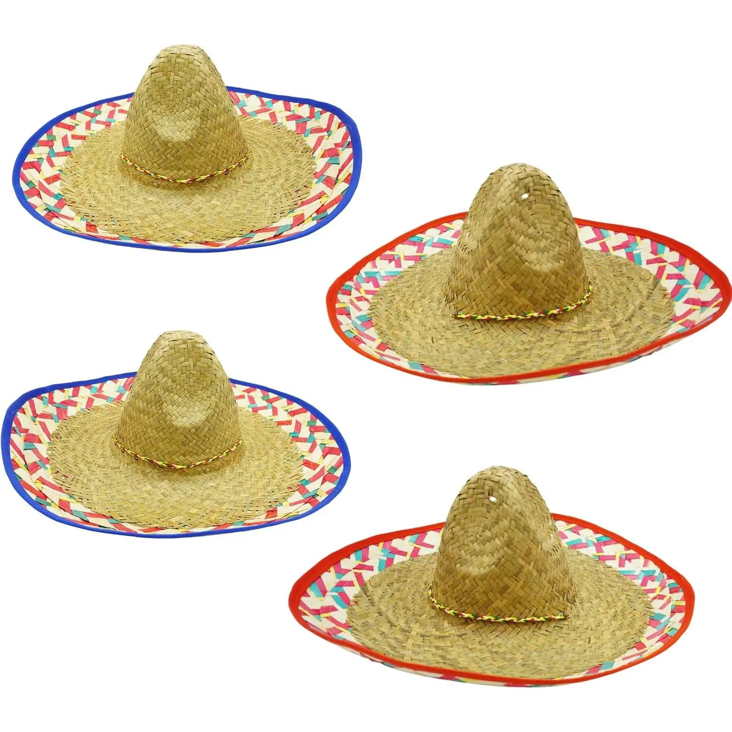 4 Pack Bulk Straw Sombrero Hats with Colorful Serape Trim and Chin Strap, Giant Fiesta Sombrero Hats for Adults, Perfect Cinco de Mayo Party Mexico Sombreros(Gift)