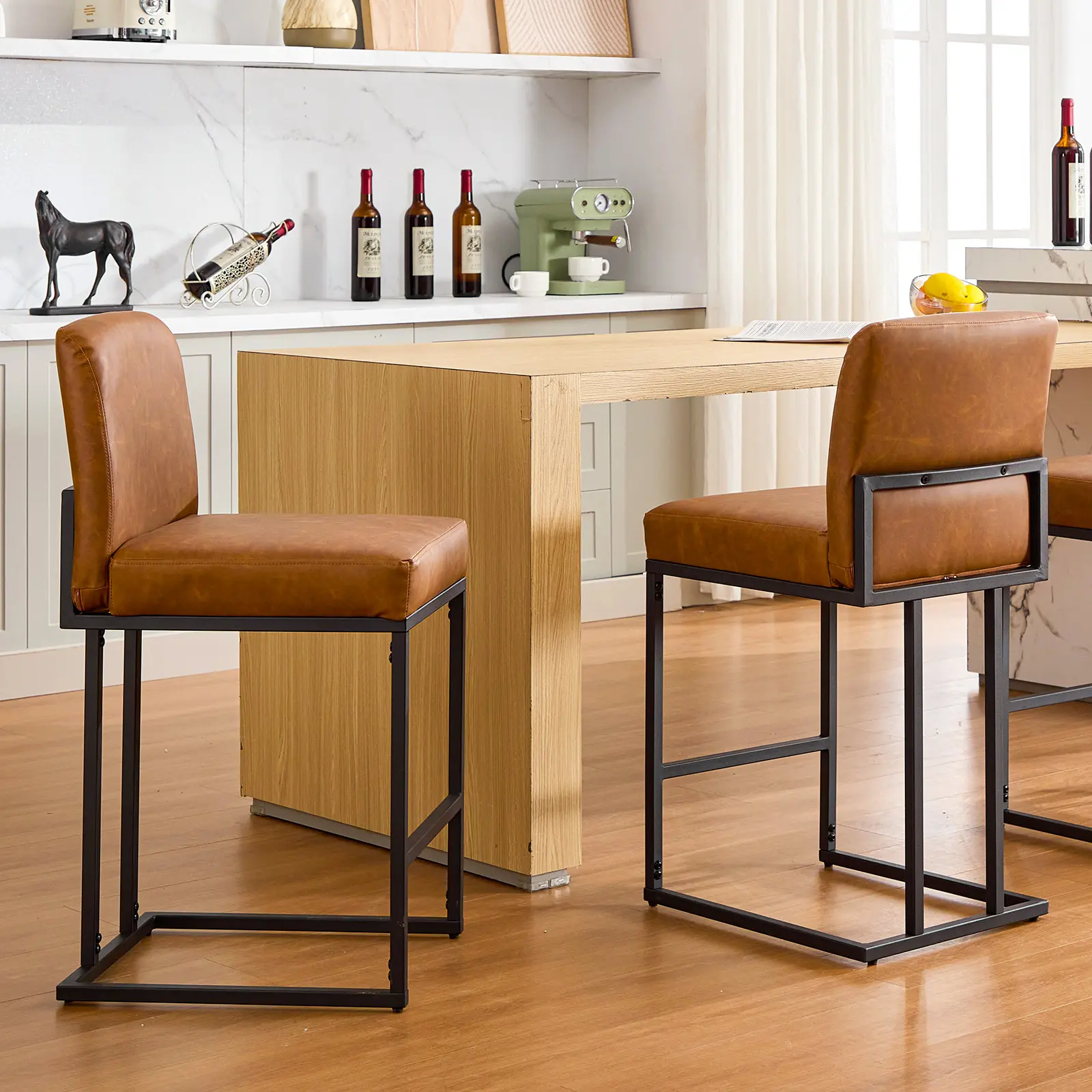 Bar Stools Set of 1/2, 24 Inch Counter Height Barstools with Back, Modern Upholstered Faux Leather Bar Chairs for Kitchen Island & Home Bar, Metal Steel Frame, Support 330LBS, Brown/Grey