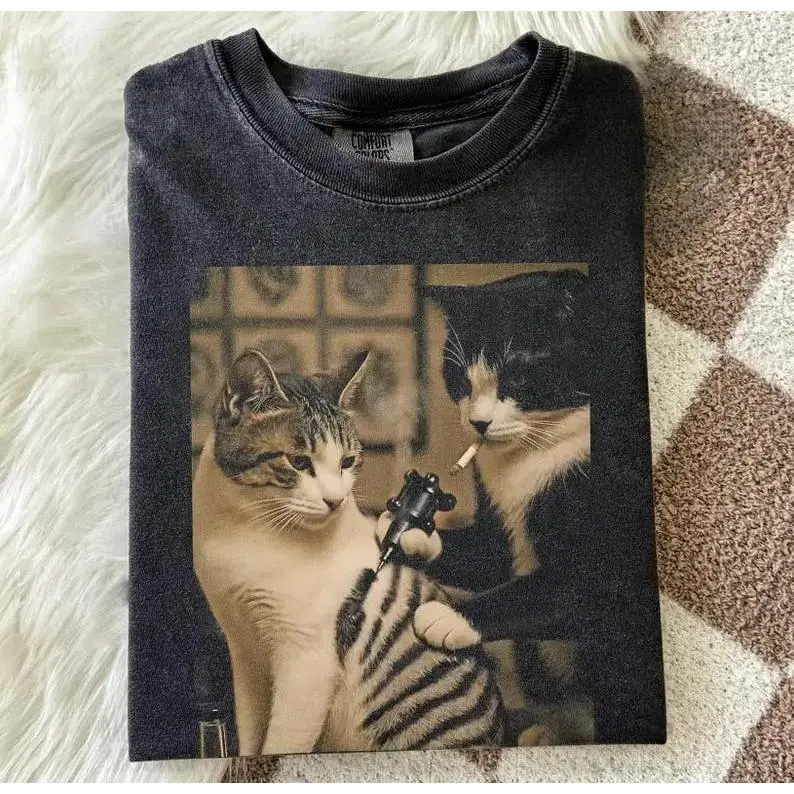 Comfort Colors Retro Cat Tattoo Meme, Fun Parody Viral Tees, Fun Gift TShirt, Meme Tee, Dark Humor TShirt