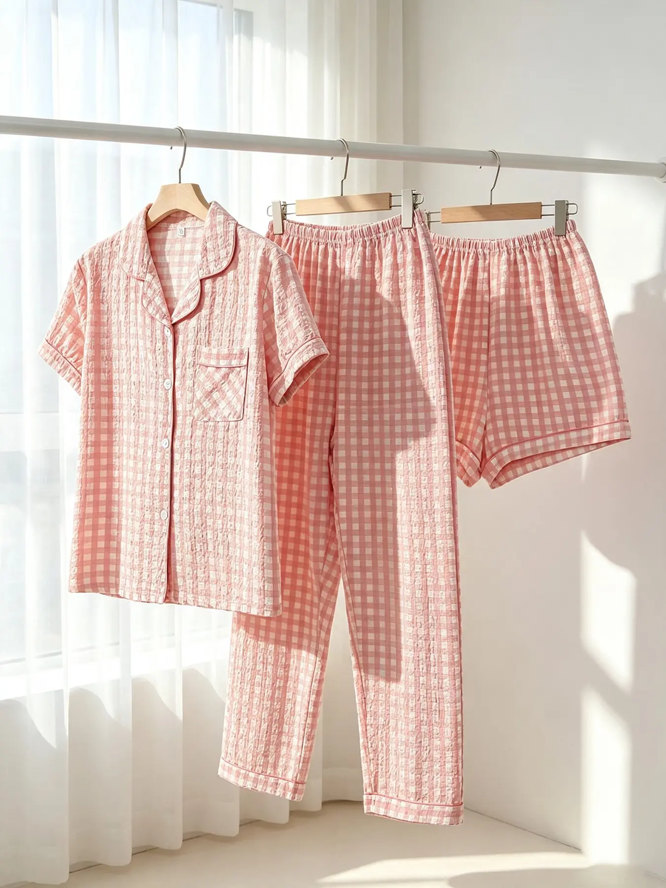 Women's 3-Piece Button-Down Pajama Set, Short Sleeve Top Shorts & Long Pants, Pink Gingham Print, All Season Wear, Loose Fit, Coquette Sweet Girly Casual Loungewear