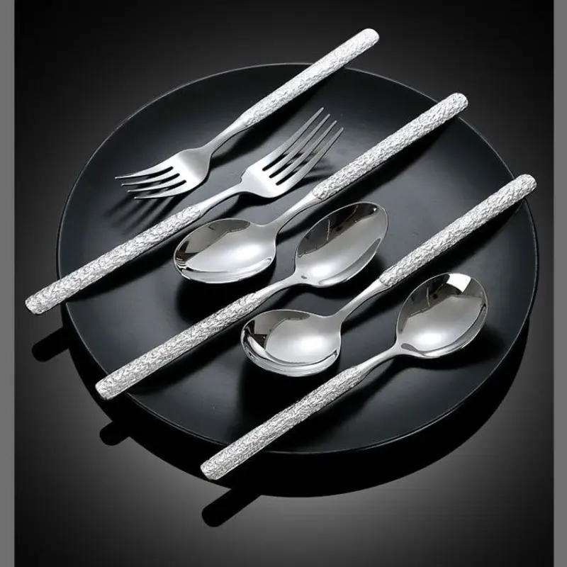 2pcs 304 Stainless Steel Ice Crack Pattern Fork Spoon Set, Hotel Restaurant Serving Utensils, Non-Bone China, Sexy Style