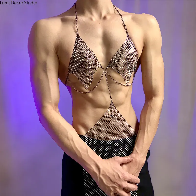 Men's Rhinestone Suspender Bodysuit - Nude Tone Stretch Lingerie with Cutout Design for Stage Looks and Private Lounging