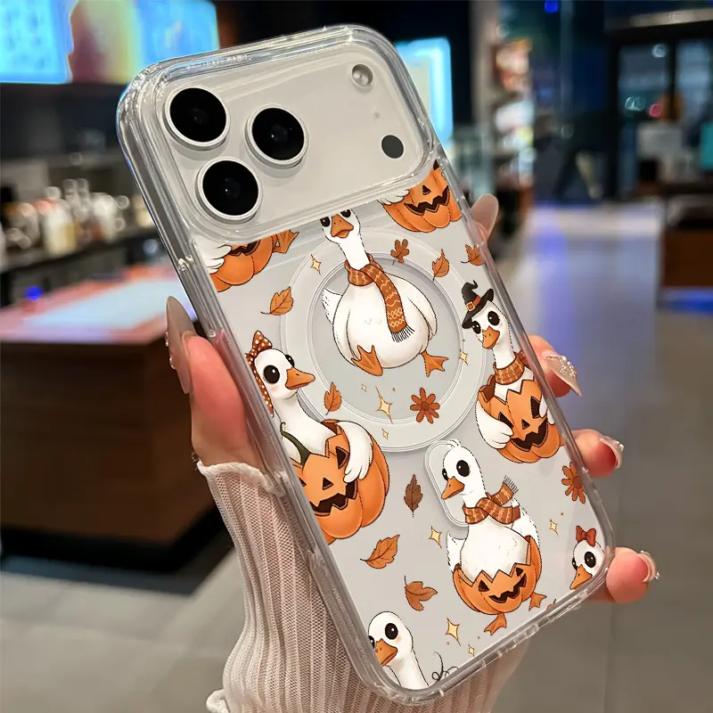 Transparent MagSafe Phone Case for iPhone 17 16  Pro Max Plus 15 14 13 12 11 Air E Duck Pumpkin Fantasy Pattern Acrylic Back Shockproof Air-Guard Corners Hard Shell