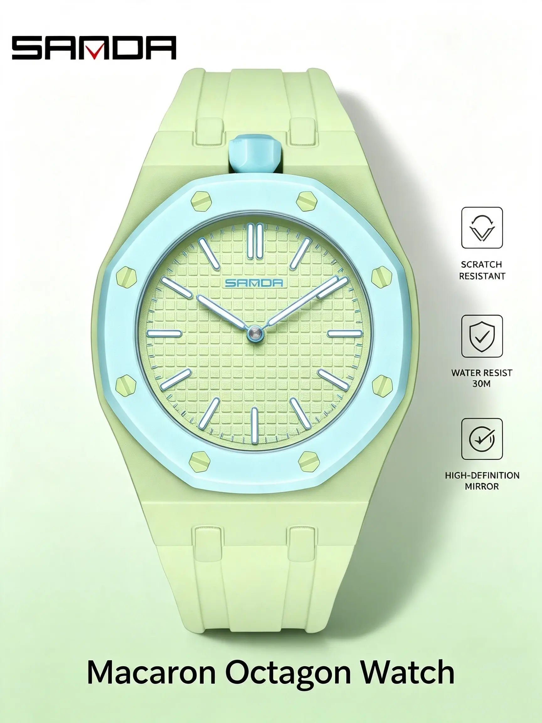 SANDA unisex quartz watch, detachable case octagonal watch, fresh dopamine color matching student versatile watch
