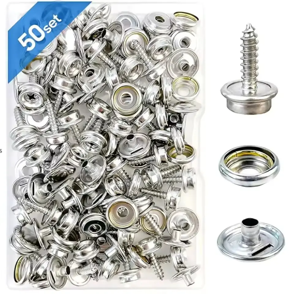50 Sets 15mm Stainless Steel Marine Snap Button Kit, 4-in-1 Screw Fastener Buckles, Heavy Duty Canvas Upholstery Snaps for Boat Cover, Yacht, RV Awning, Tents, Sofa, Car Seat, Outdoor Fabric DIY Repair Accessories