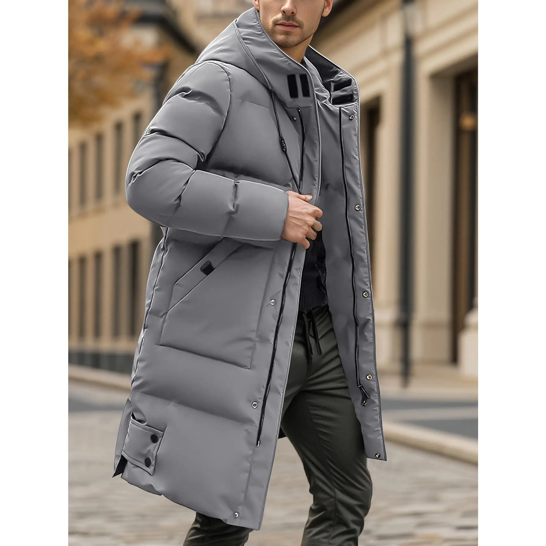 Men's Long Hooded Puffer Parka Coat - Sleek Urban Quilted Padded Outerwear with Decorative Zip Details, Adjustable Drawstring Hood, Multi-Snap Pockets for Cold-City Commutes & Freezing-Temperature Outfits