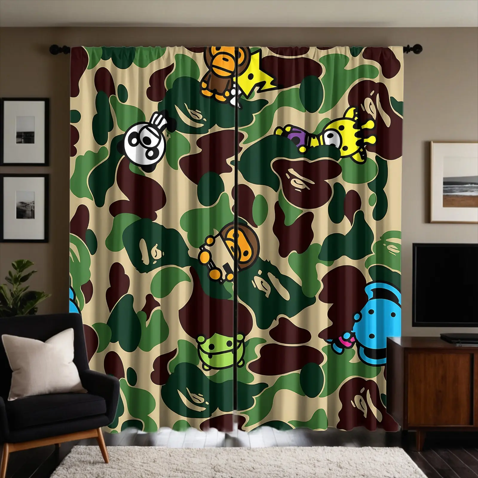 2pcs Classic Camouflage Printed Curtains, Cute Cartoon Animal Companion Camouflage Printed, Brushed Fabric, Semi Blackout Curtains (Considering Privacy Protection), Not Easy To Fade, Pole Design; Suitable For Bedroom And Living Room Decor