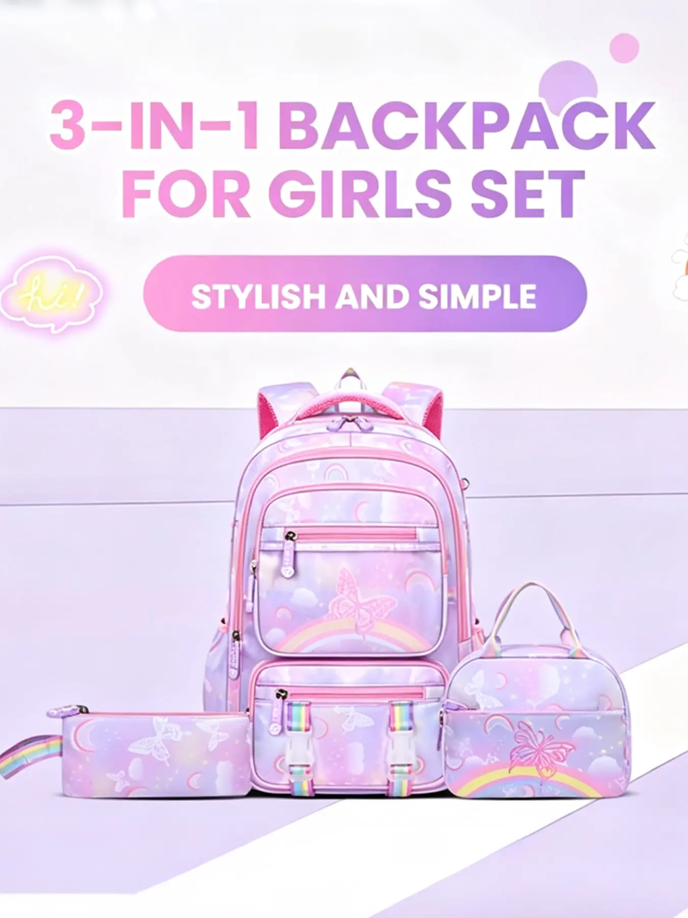 3pcs Gradient Rainbow Butterfly Print Backpack Set Multi-Layer Zipper Compartments Mesh Padded Shoulder Straps Matching Lunch Tote Bag Stationery Pouch Large Capacity Three-Piece Daily Carry Bag Set for Campus Study Short Trip Casual Daily Outing