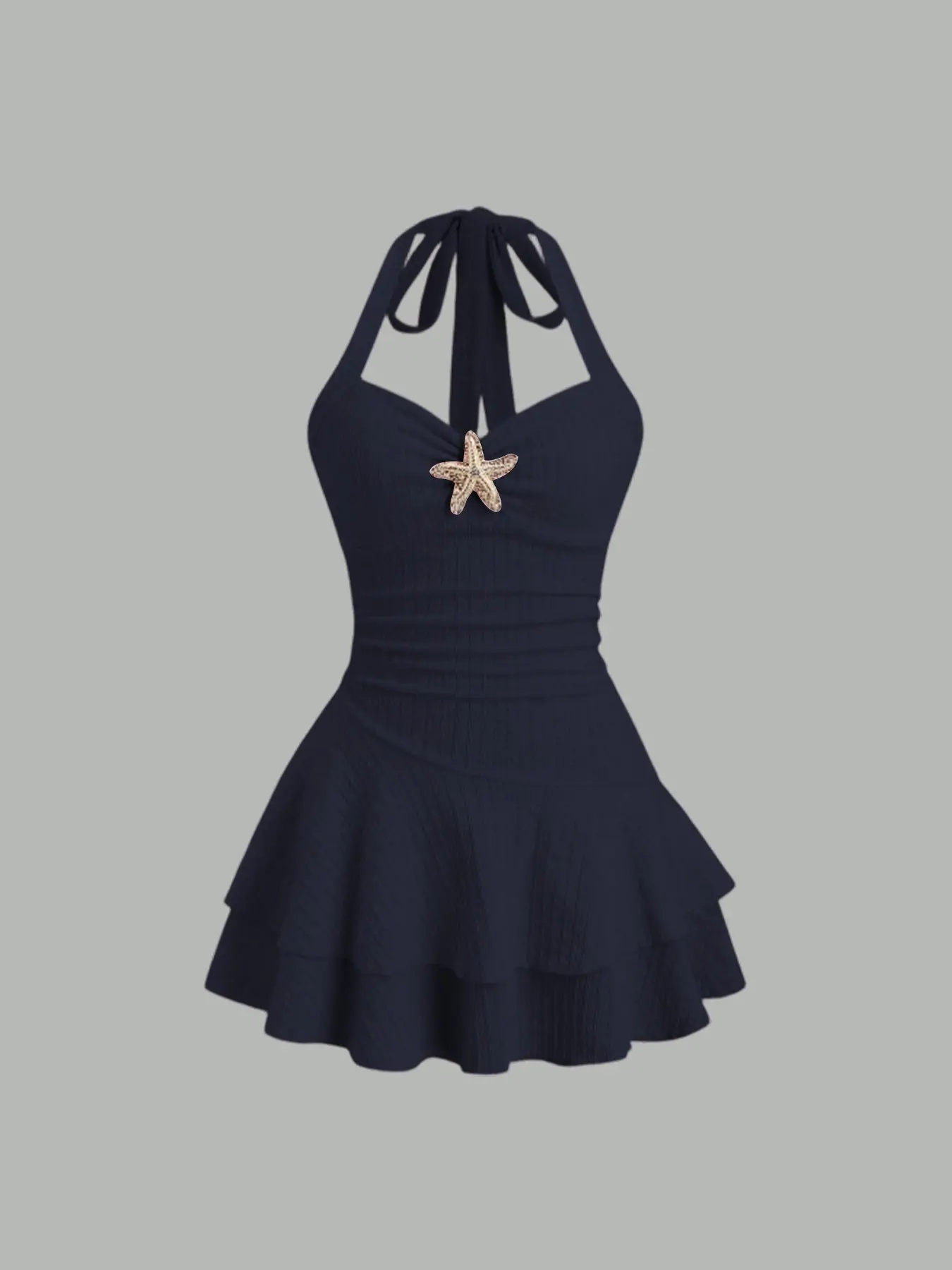 Women Halter Tank One Piece Swim Dress, Sweetheart Neck, Starfish Decor, Tummy Control, Self Tie Back, Quick Dry Fabric, Pool Party Swimsuit